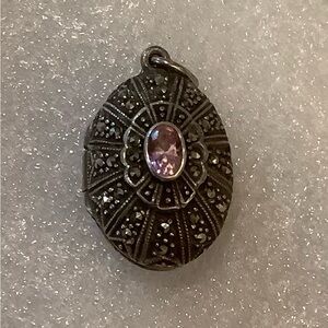 Sterling Silver marked .925 Vintage Marcasite Locket with Pink Topaz Pendant